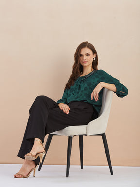 Latin Quarters Women Green Floral Print Round Neck 3/4Th Sleeves Top for Party Occasion