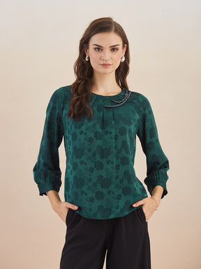 Latin Quarters Women Green Floral Print Round Neck 3/4Th Sleeves Top for Party Occasion