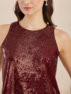 Latin Quarters Women Maroon Sequinned Round Neck Sleeveless Top for Party Occasion