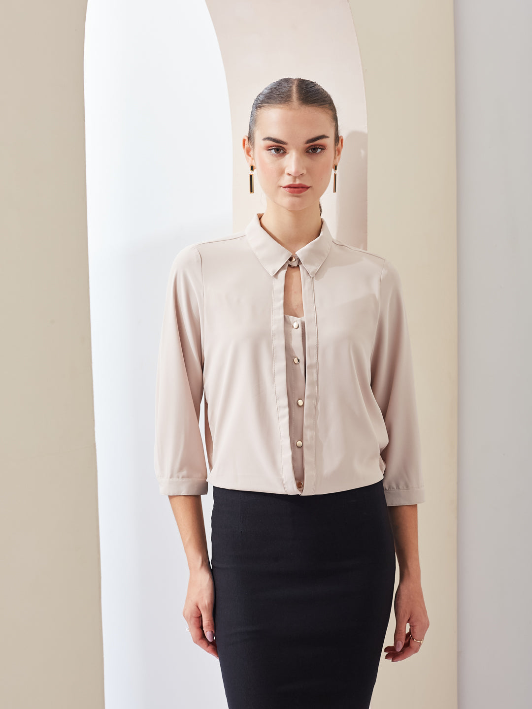 Latin Quarters Women Beige Solid Collared 3/4th Sleeve Casual Top