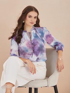 Latin Quarters Women Purple Abstract Print High-Neck 3/4th Sleeve Casual Top