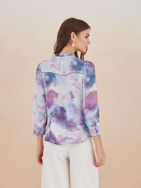 Latin Quarters Women Purple Abstract Print High-Neck 3/4th Sleeve Casual Top