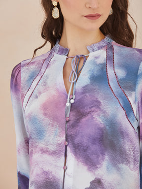 Latin Quarters Women Purple Abstract Print High-Neck 3/4th Sleeve Casual Top