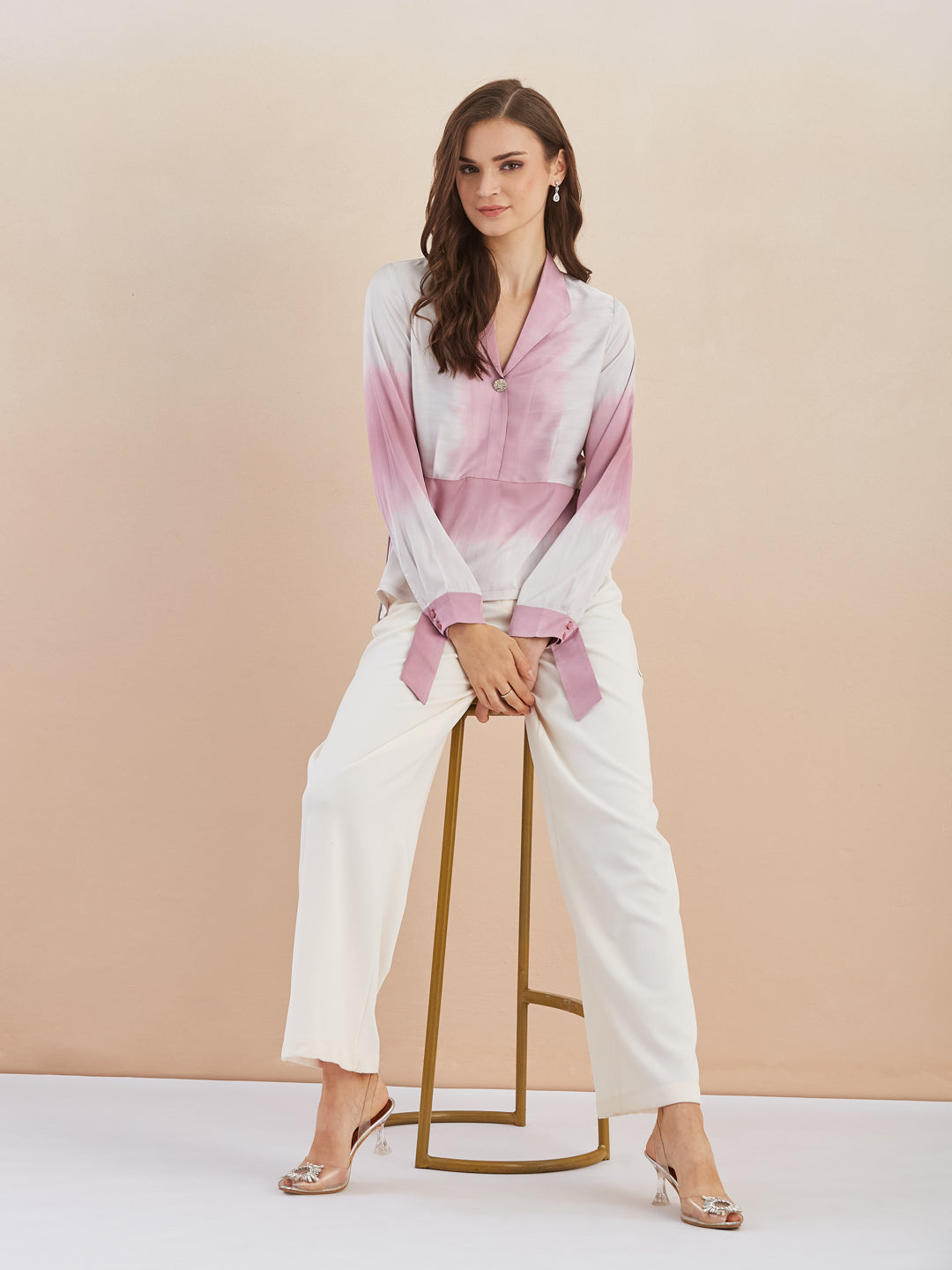 Latin Quarters Women Pink Collared Long Sleeve Tie & Dye Peplum Top For Casual Wear