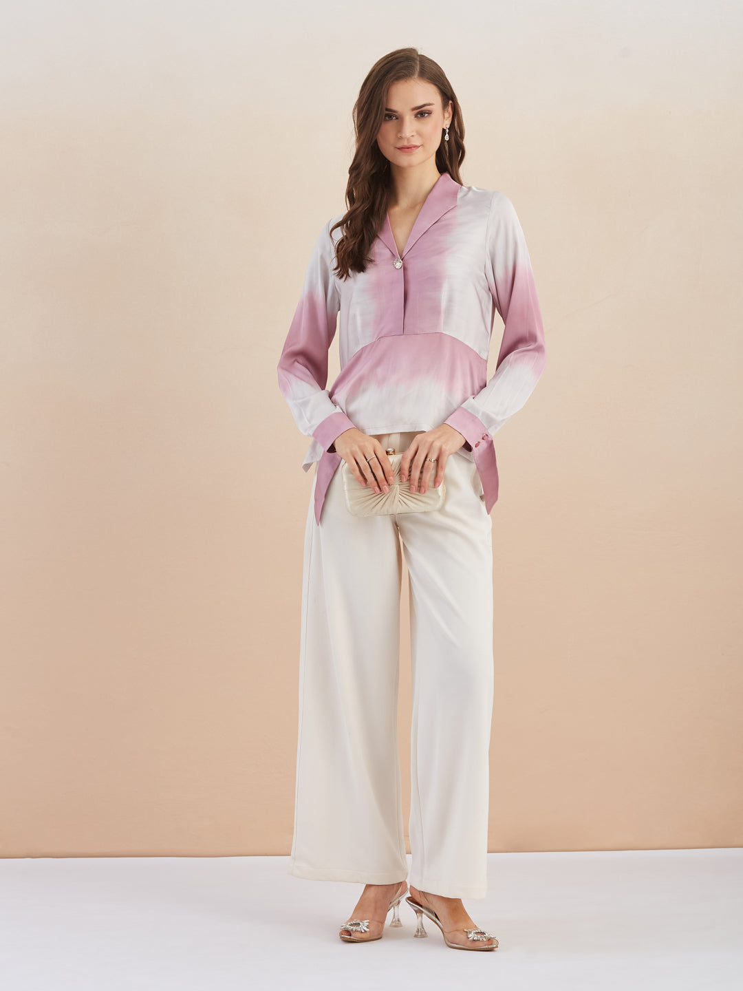 Latin Quarters Women Pink Collared Long Sleeve Tie & Dye Peplum Top For Casual Wear