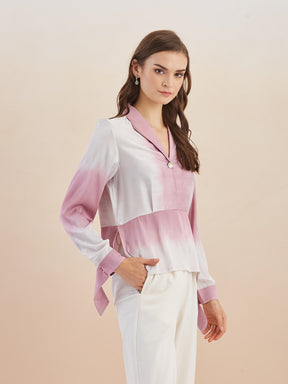 Latin Quarters Women Pink Collared Long Sleeve Tie & Dye Peplum Top For Casual Wear