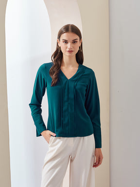 Latin Quarters Women Teal Solid V-Neck Long Sleeve Casual Regular Top