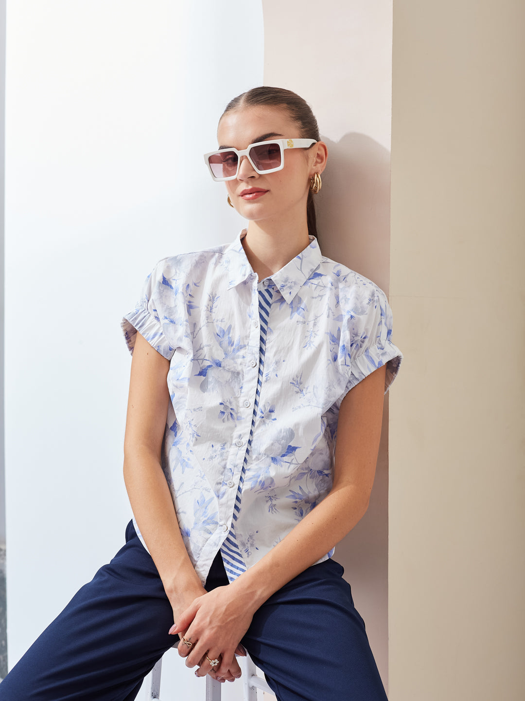 Latin Quarters Women White Printed Collared Short Sleeve Regular Casual Shirt