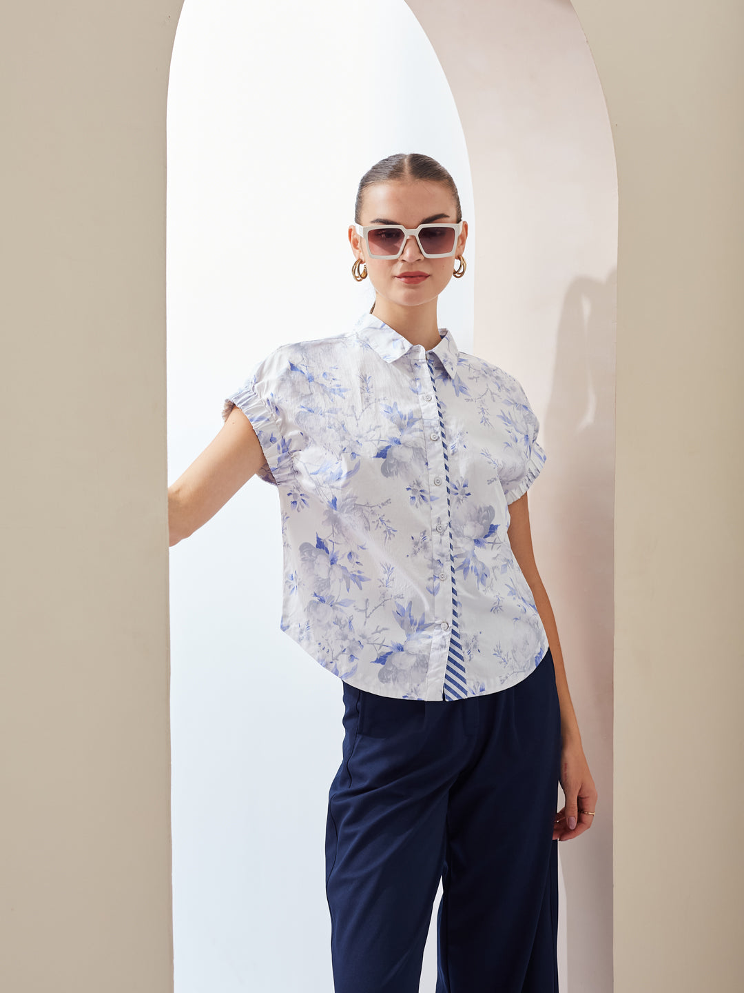 Latin Quarters Women White Printed Collared Short Sleeve Regular Casual Shirt