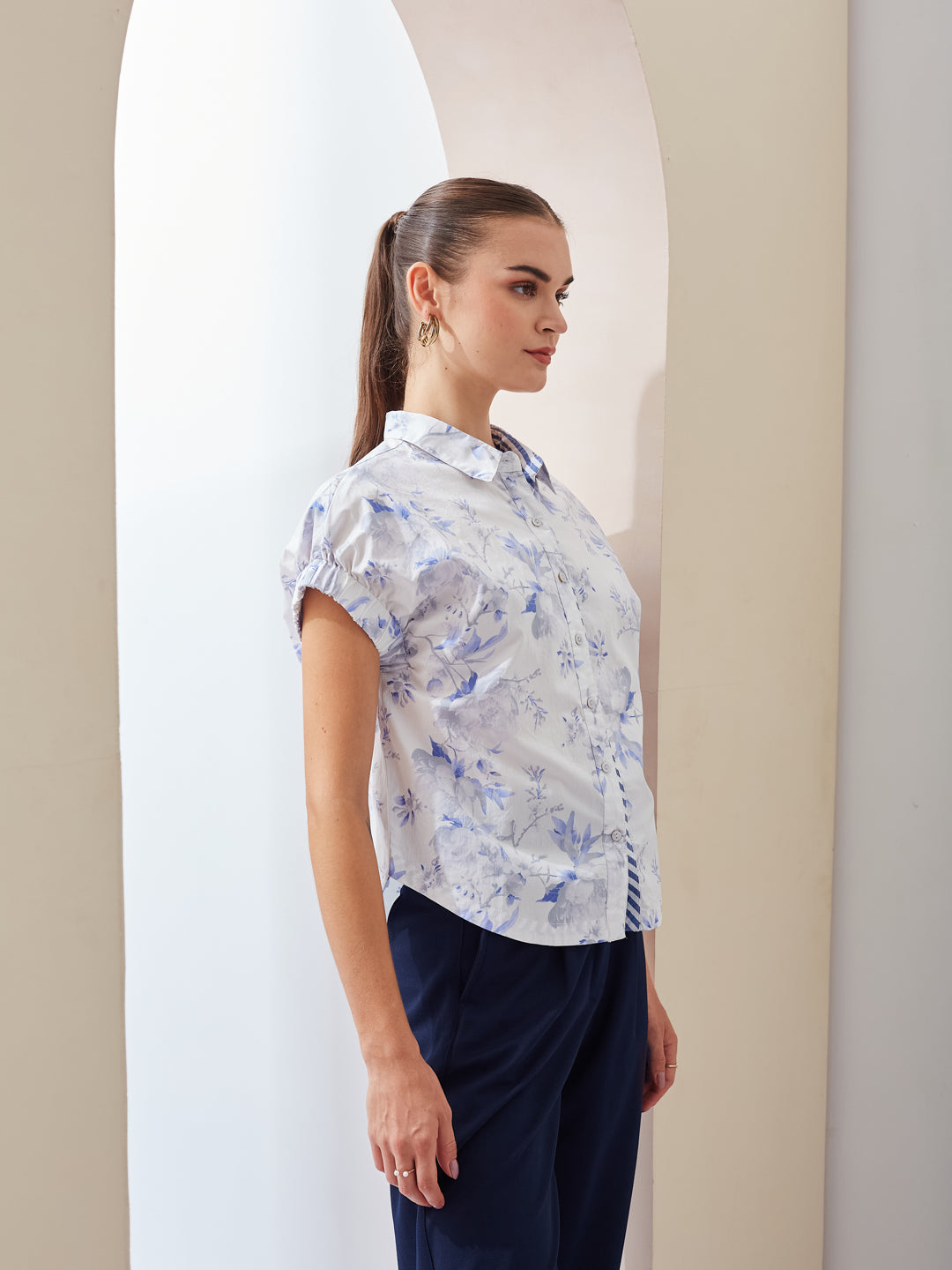 Latin Quarters Women White Printed Collared Short Sleeve Regular Casual Shirt