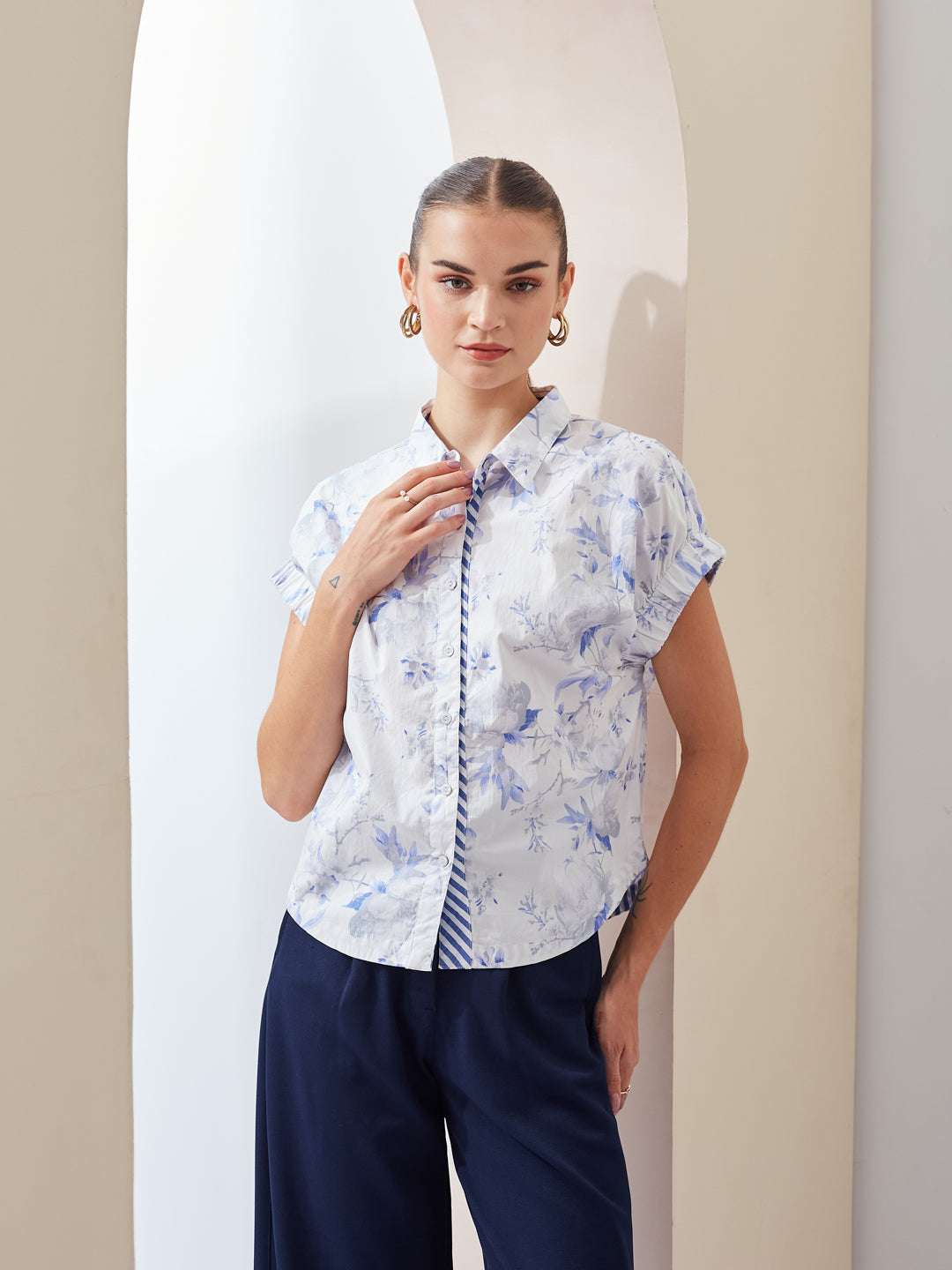 Latin Quarters Women White Printed Collared Short Sleeve Regular Casual Shirt