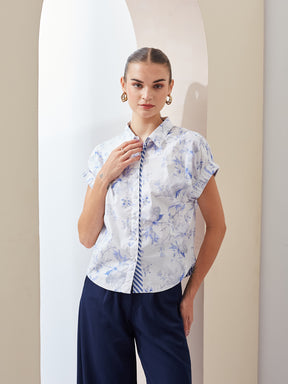 Latin Quarters Women White Printed Collared Short Sleeve Regular Casual Shirt