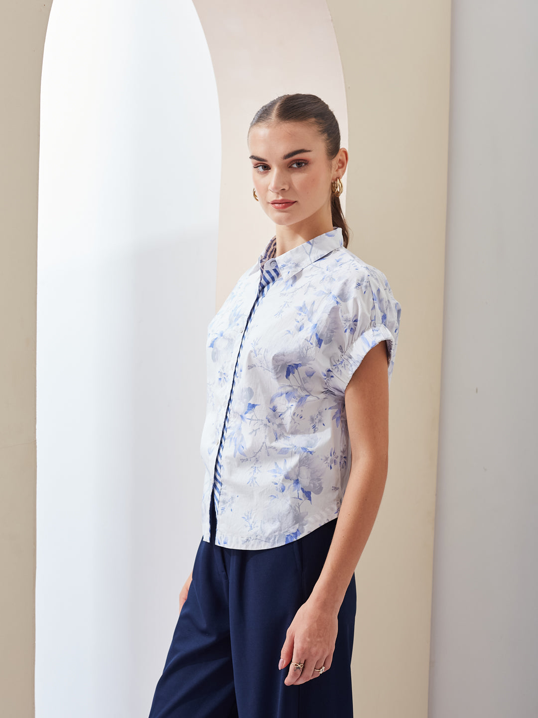 Latin Quarters Women White Printed Collared Short Sleeve Regular Casual Shirt