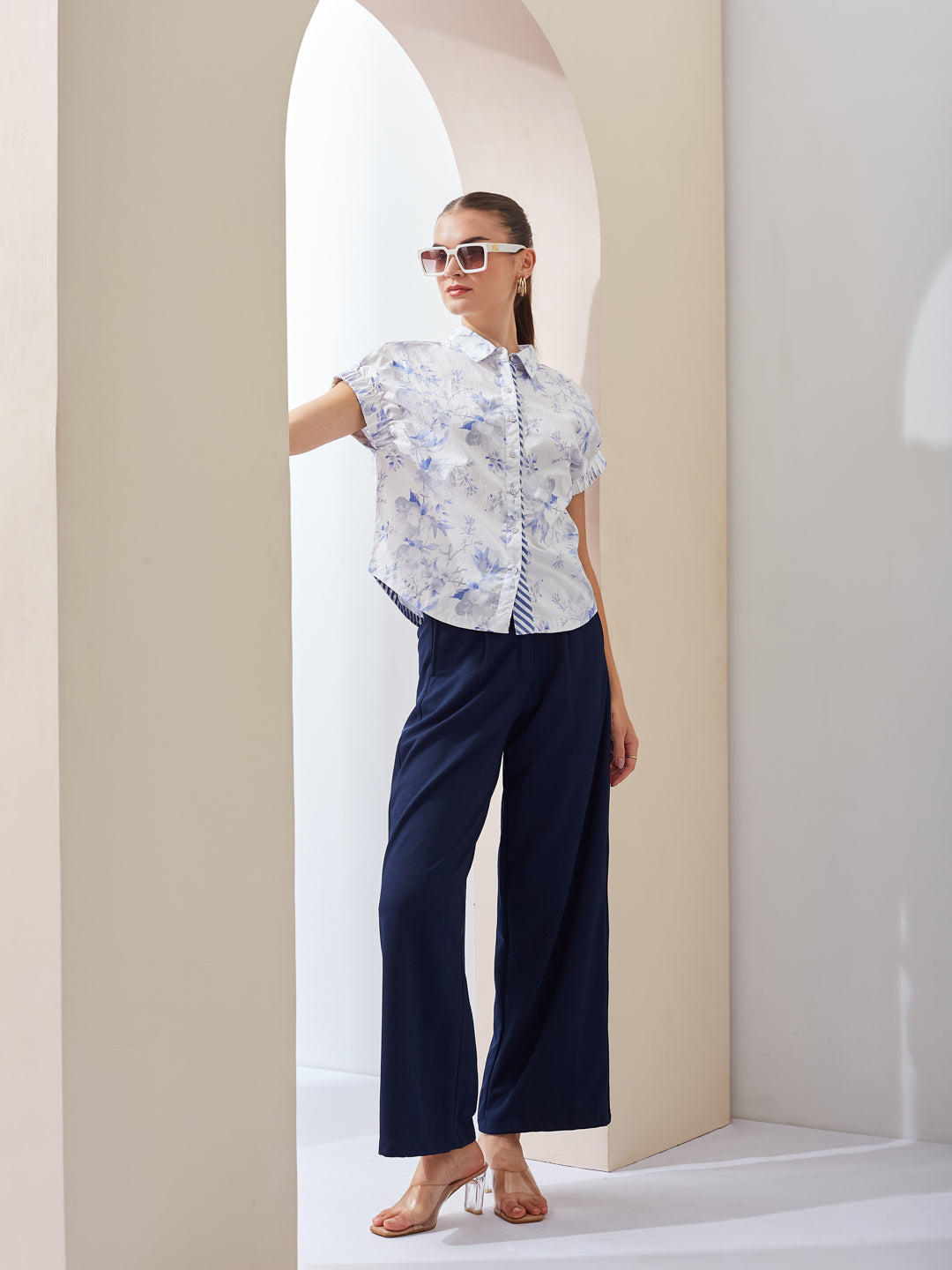 Latin Quarters Women White Printed Collared Short Sleeve Regular Casual Shirt