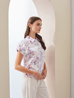 Latin Quarters Women White Floral Printed Collared Short Sleeve Regular Casual Shirt