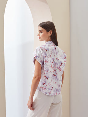 Latin Quarters Women White Floral Printed Collared Short Sleeve Regular Casual Shirt