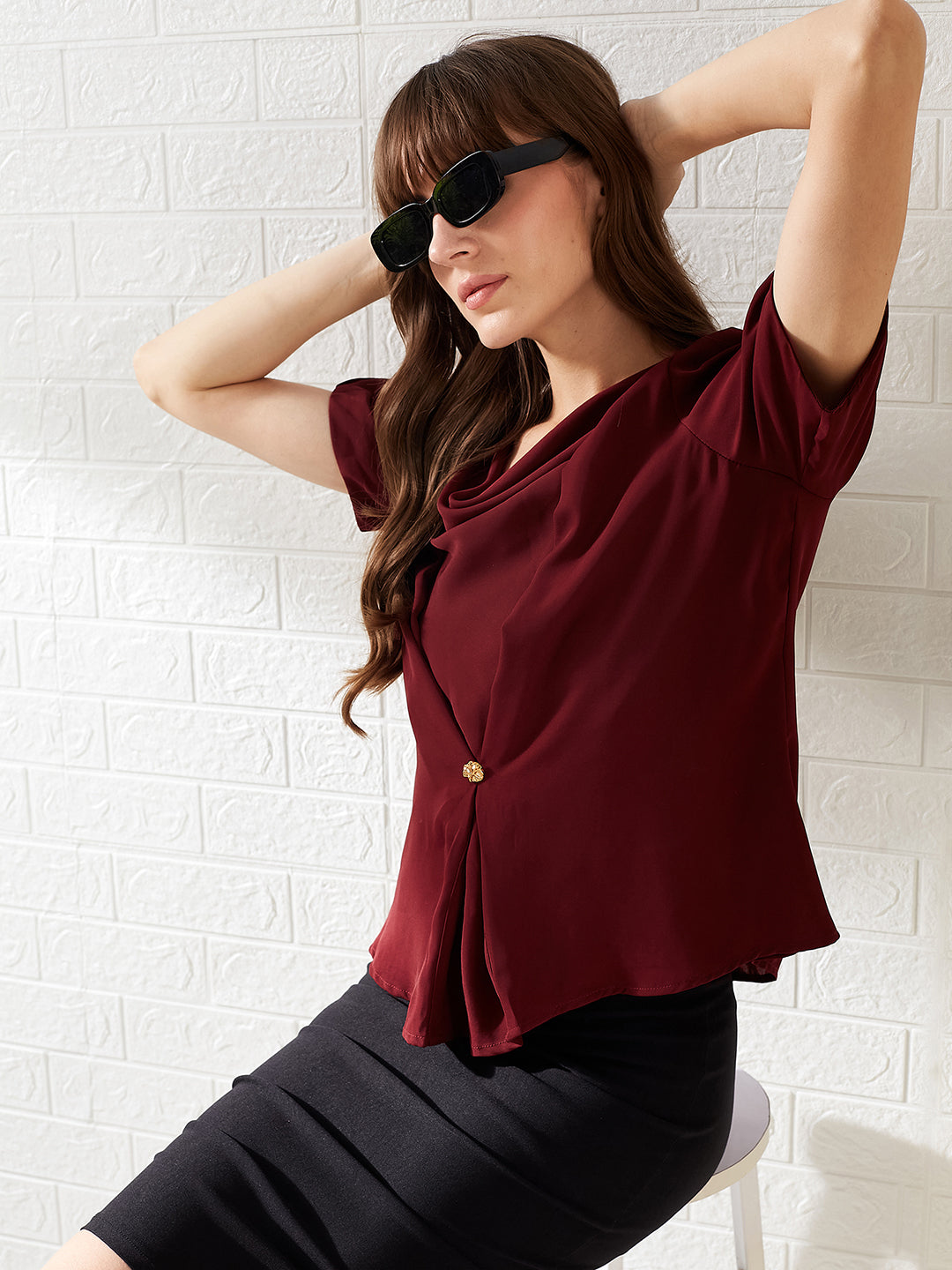 Latin Quarters Women's Maroon Solid Half Sleeves Cowl Neck Casual Top