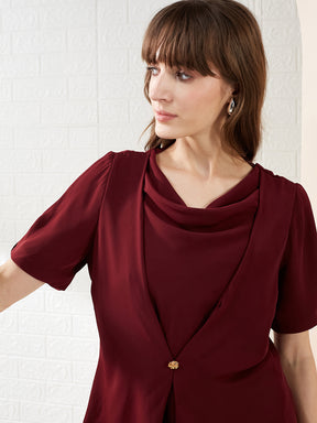 Latin Quarters Women's Maroon Solid Half Sleeves Cowl Neck Casual Top