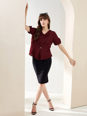 Latin Quarters Women's Maroon Half Sleeves Cowl Neck Solid Casual Regular Top