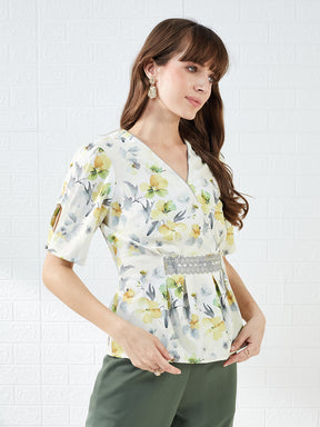 Latin Quarters Women's Off White Half Sleeves V-Neck Printed Casual Regular Top