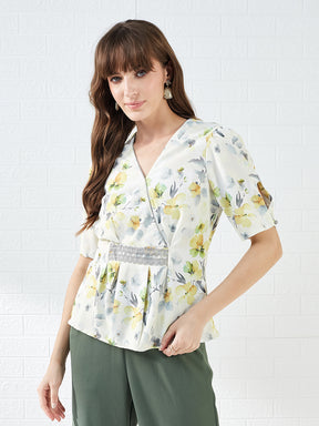 Latin Quarters Women's Off White Half Sleeves V-Neck Printed Casual Regular Top