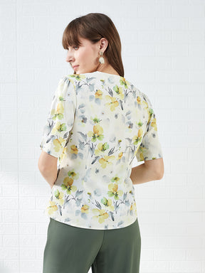 Latin Quarters Women's Off White Half Sleeves V-Neck Printed Casual Regular Top
