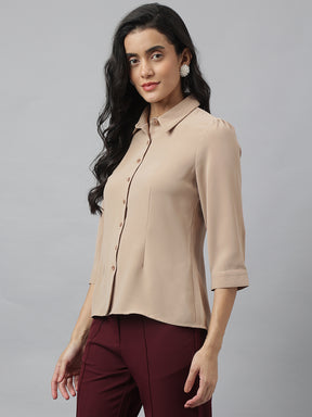 Latin Quarters Women Beige Solid Collared 3/4th Sleeve Casual Regular Shirt
