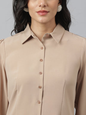 Latin Quarters Women Beige Solid Collared 3/4th Sleeve Casual Regular Shirt