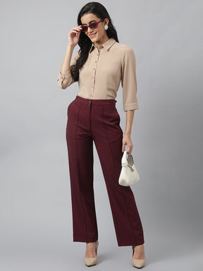 Latin Quarters Women Beige Solid Collared 3/4th Sleeve Casual Regular Shirt