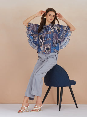 Latin Quarters Women Blue Paisley Print High Neck Cap Sleeve Top for Casual Wear