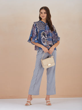 Latin Quarters Women Blue Paisley Print High Neck Cap Sleeve Top for Casual Wear