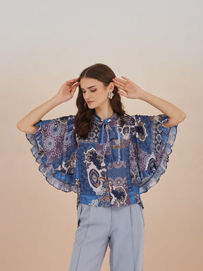 Latin Quarters Women Blue Paisley Print High Neck Cap Sleeve Top for Casual Wear
