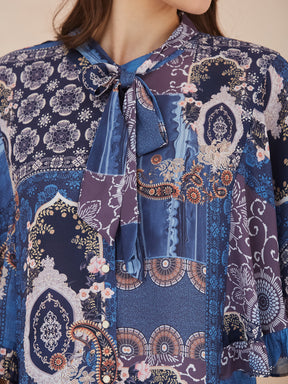 Latin Quarters Women Blue Paisley Print High Neck Cap Sleeve Top for Casual Wear