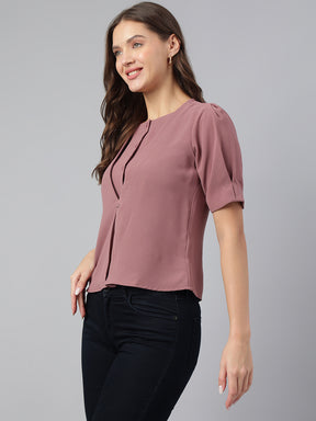 Latin Quarters Women Solid Pink Round Neck Short Sleeve Casual Top