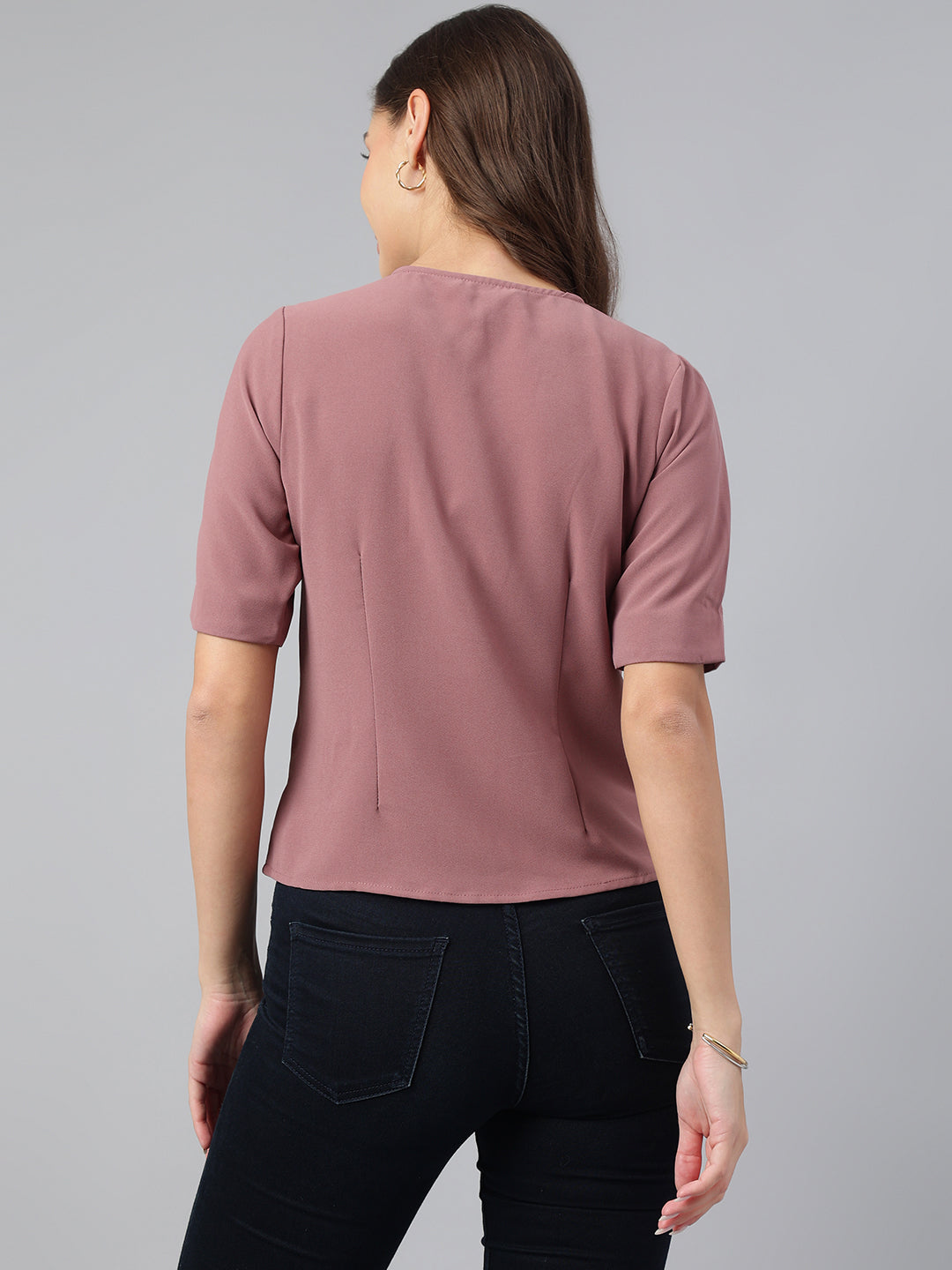 Latin Quarters Women Solid Pink Round Neck Short Sleeve Casual Top