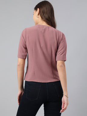 Latin Quarters Women Solid Pink Round Neck Short Sleeve Casual Top