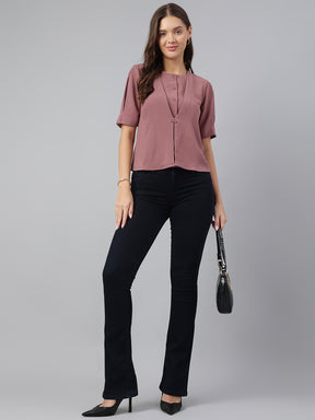 Latin Quarters Women Solid Pink Round Neck Short Sleeve Casual Top