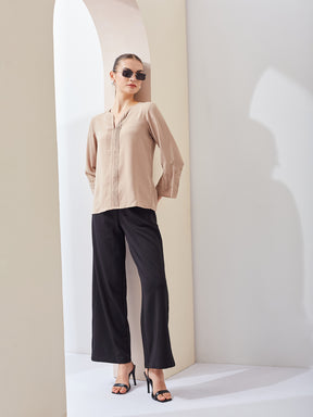 Latin Quarters Women Beige Solid V-Neck 3/4th Sleeve Casual Regular Top