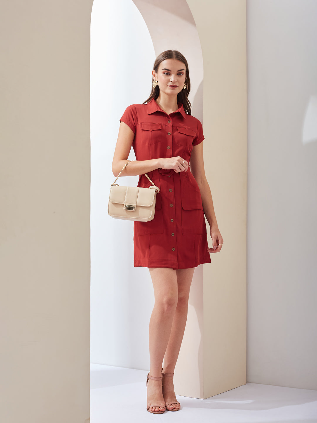Latin Quarters Women Rust Solid Collared Short Sleeve Casual Mini Shirt Dress