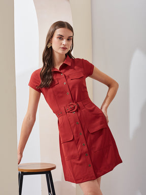 Latin Quarters Women Rust Solid Collared Short Sleeve Casual Mini Shirt Dress