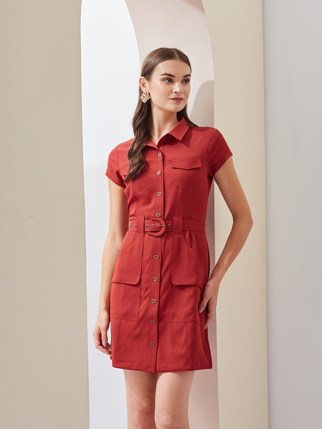 Latin Quarters Women Rust Solid Collared Short Sleeve Casual Mini Shirt Dress