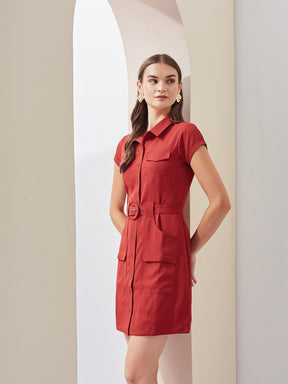 Latin Quarters Women Rust Solid Collared Short Sleeve Casual Mini Shirt Dress
