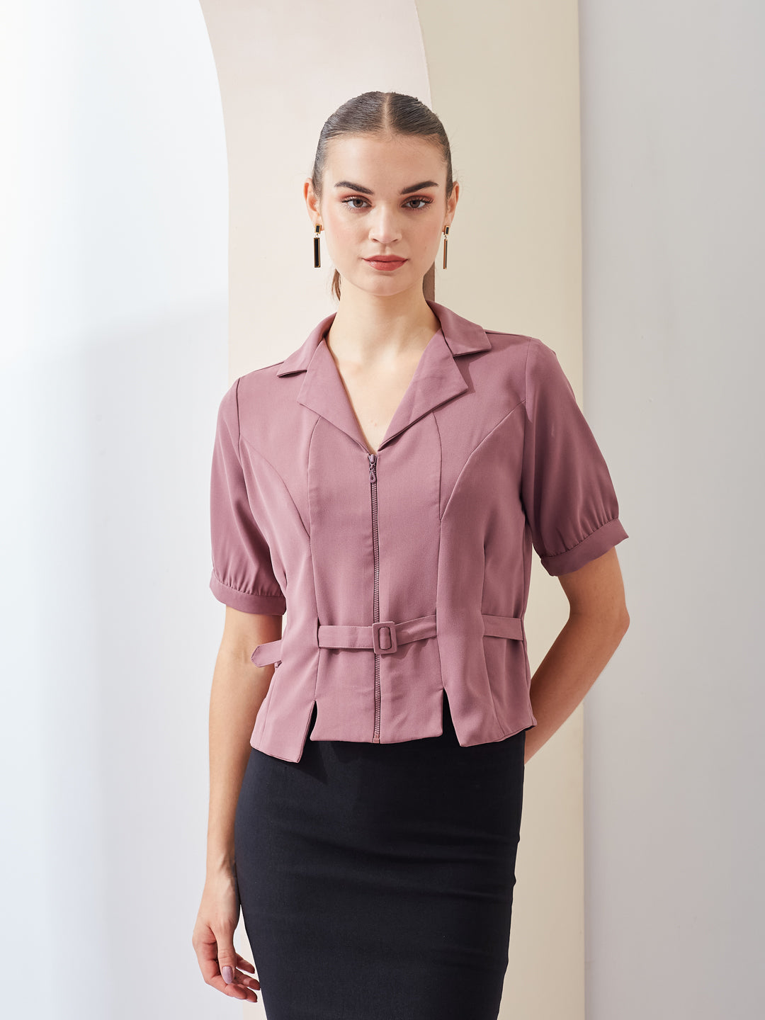 Latin Quarters Women Pink Solid Collared Short Sleeve Casual Regular Top