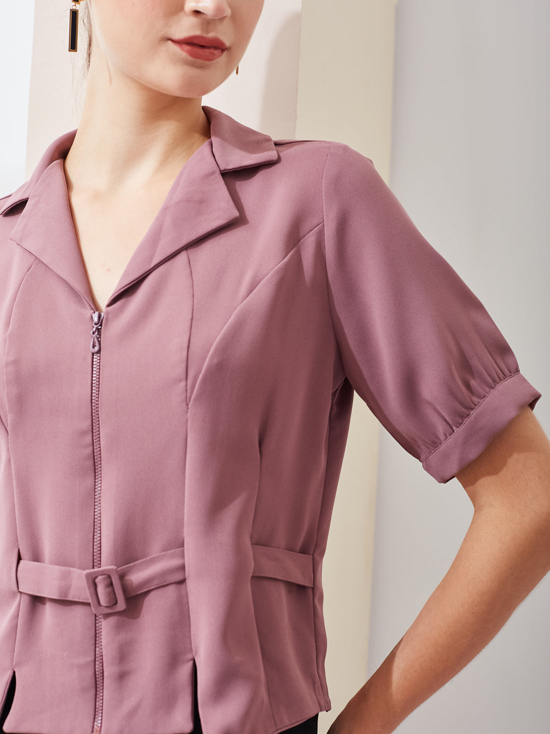 Latin Quarters Women Pink Solid Collared Short Sleeve Casual Regular Top