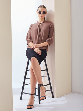 Latin Quarters Women's Brown Solid Mandarin Neck 3/4th Sleeves Casual Top