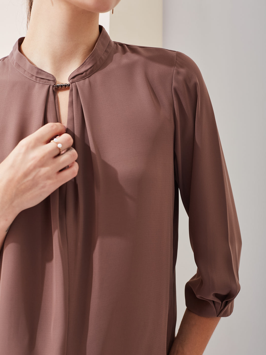 Latin Quarters Women's Brown Solid Mandarin Neck 3/4th Sleeves Casual Top