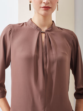Latin Quarters Women Brown Solid Mandarin Collar 3/4th Sleeve Casual Regular Top