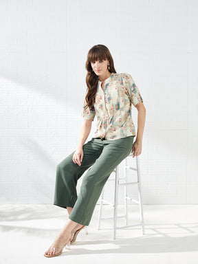 Latin Quarters Women's Beige Half Sleeves Mandarin Collar Printed Casual Regular Shirt