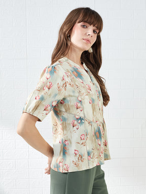 Latin Quarters Women's Beige Half Sleeves Mandarin Collar Printed Casual Regular Shirt