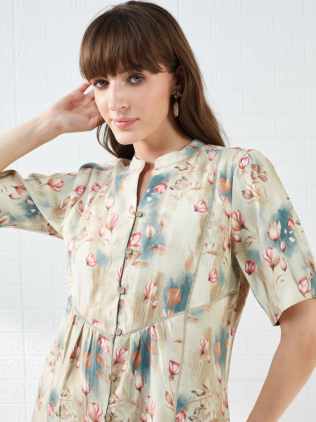 Latin Quarters Women's Beige Half Sleeves Mandarin Collar Printed Casual Regular Shirt